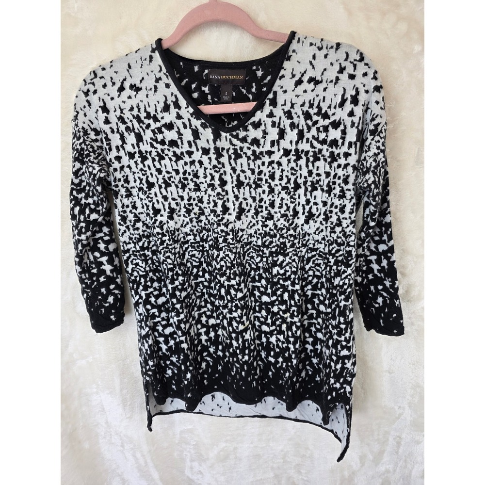 Dana Buchman Womens Small Black White Abstract Knit V-Neck 3/4 Sleeve Sweater